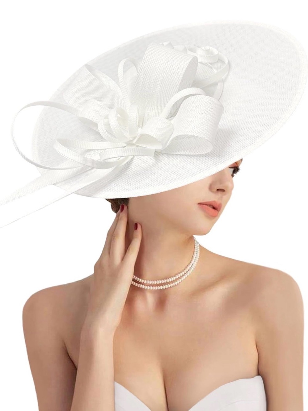 Elegant White Linen Wide-Brim Fascinator Hat with Decorative Bow